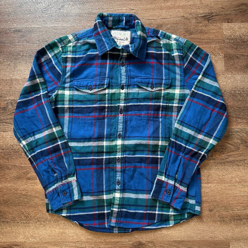 American Eagle Casual Button Down Mens Small Blue Grn Plaid Rugged Flannel Shirt